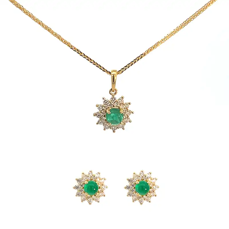 18K Yellow Gold Floral Emerald Pendant Set